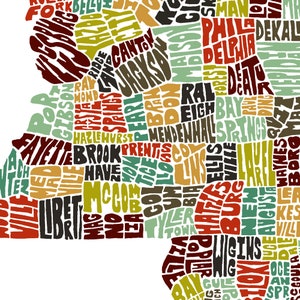 Mississippi map art, Mississippi decor, Mississippi artwork, print of my original Mississippi typography style map art