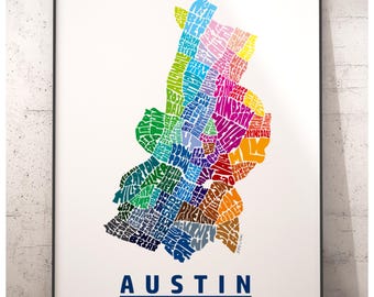 Austin neighborhood map art print, signed print of my original hand drawn Austin typography art, Austin gift