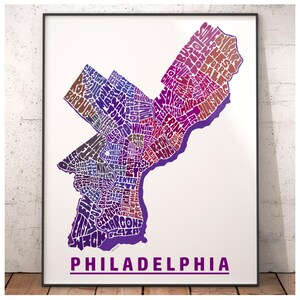 Philadelphia neighborhood map art print, Philadelphia gift, print of my original hand drawn Philadelphia typography art, many colors avail Purple Tones