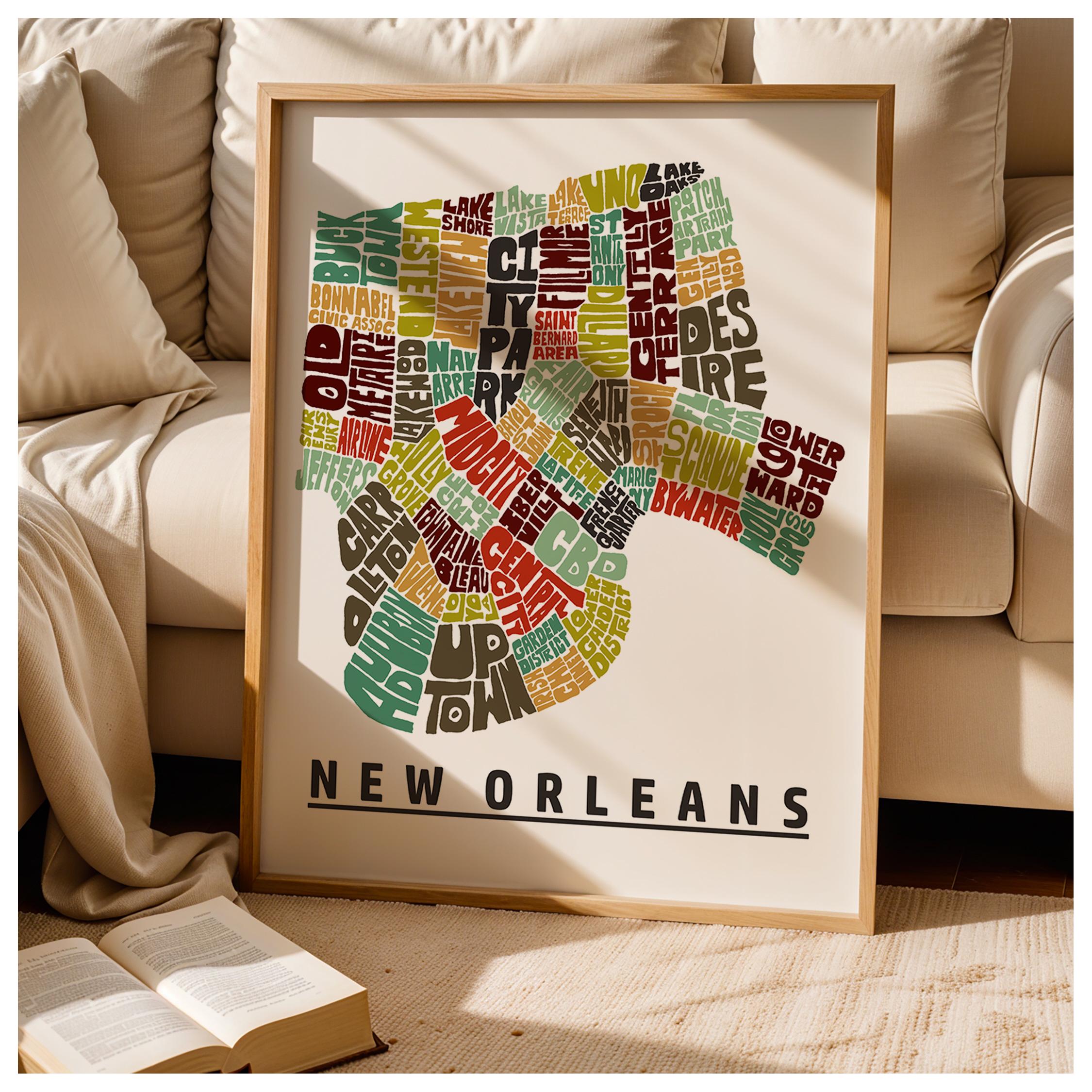 Framed New Orleans Neighborhoods Map Art Print, Many Sizes, Color ...