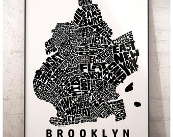 Brooklyn neighborhood map art print, Brooklyn gift, signed print of my original hand drawn Brooklyn typography art, multiple colors avail