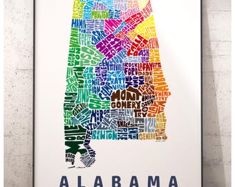 Alabama map art print, Alabama decor, Alabama gift, signed print of my original hand drawn Alabama art,  Alabama print