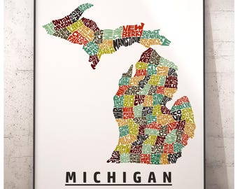 Michigan map art, Michigan art print, signed print of my original hand drawn Michigan typography art, Michigan gift, Michigan decor