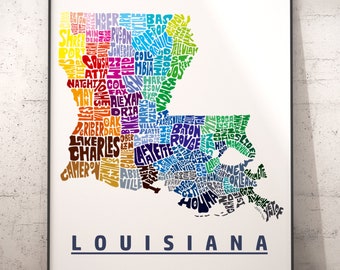 Louisiana art print, Louisiana map art, signed print of my original hand drawn Louisiana map art