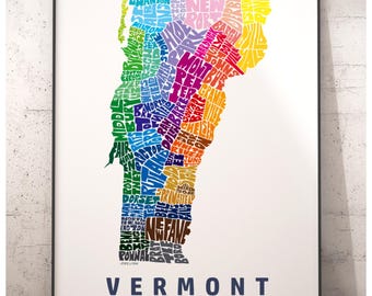 Vermont map art print, Vermont decor, Vermont gift, signed print of my original hand drawn Vermont art, Vermont print