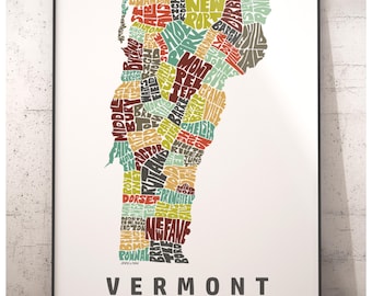 Arte del mapa de Vermont, impresión artística de Vermont, impresión firmada de mi arte tipográfico original de Vermont dibujado a mano, regalo de Vermont, decoración de Vermont
