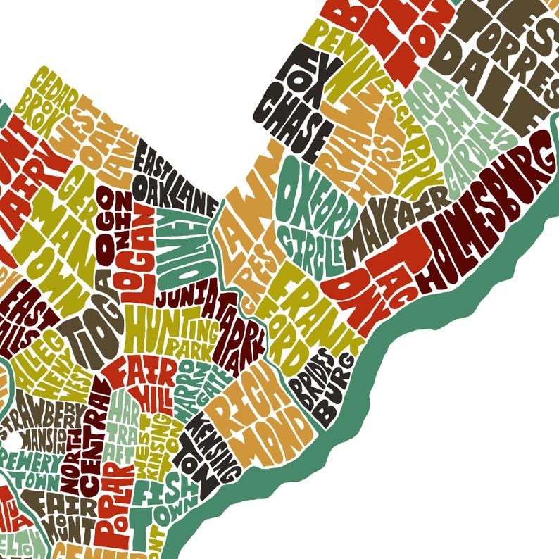 Philadelphia neighborhood map art print, Philadelphia gift, print of my original hand drawn Philadelphia typography art, many colors avail immagine 9