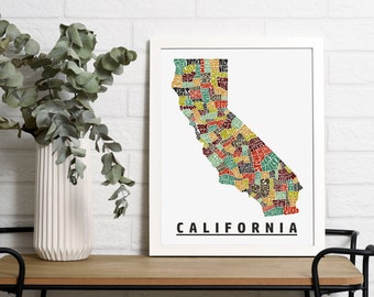 Framed California map art print, Available in several colors and sizes, California art print, California map print, California decor & art