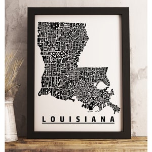 Louisiana map art FRAMED, available in several colors and sizes, Louisiana art print, Louisiana map print, Louisiana decor Black and White