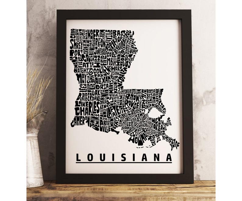 Louisiana map art FRAMED, available in several colors and sizes, Louisiana art print, Louisiana map print, Louisiana decor Black and White