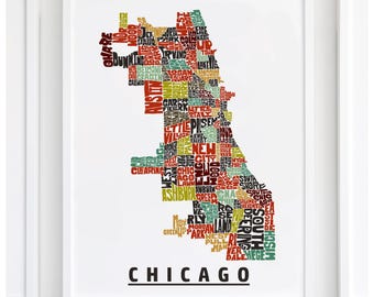 Chicago neighborhood map print, Chicago map art print signed, Several Colors and Sizes Available, Hand-lettered map of Chicago poster