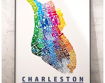Charleston neighborhood map art print, signed print of my original hand drawn Charleston typography art, Charleston gift