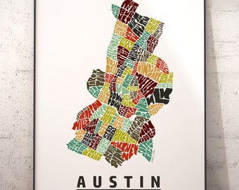 Austin neighborhood map print, signed print of my original hand drawn Austin map art