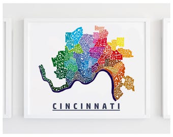 Cincinnati neighborhood map print, Chicago map art print signed, Several Colors and Sizes Available, Hand-lettered map of Cincinnati poster