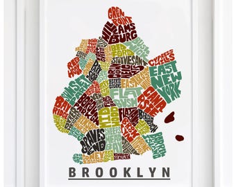 Brooklyn neighborhood map print, Brooklyn map art print signed, Several Colors and Sizes Available, Hand-lettered map of Brooklyn poster