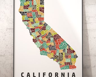 California map art, California art print, signed print of my original hand drawn California map art