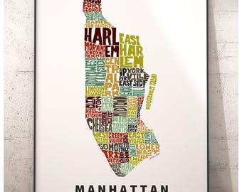 Manhattan neighborhood map print, signed print of my original hand drawn Manhattan map art, Manhattan gift