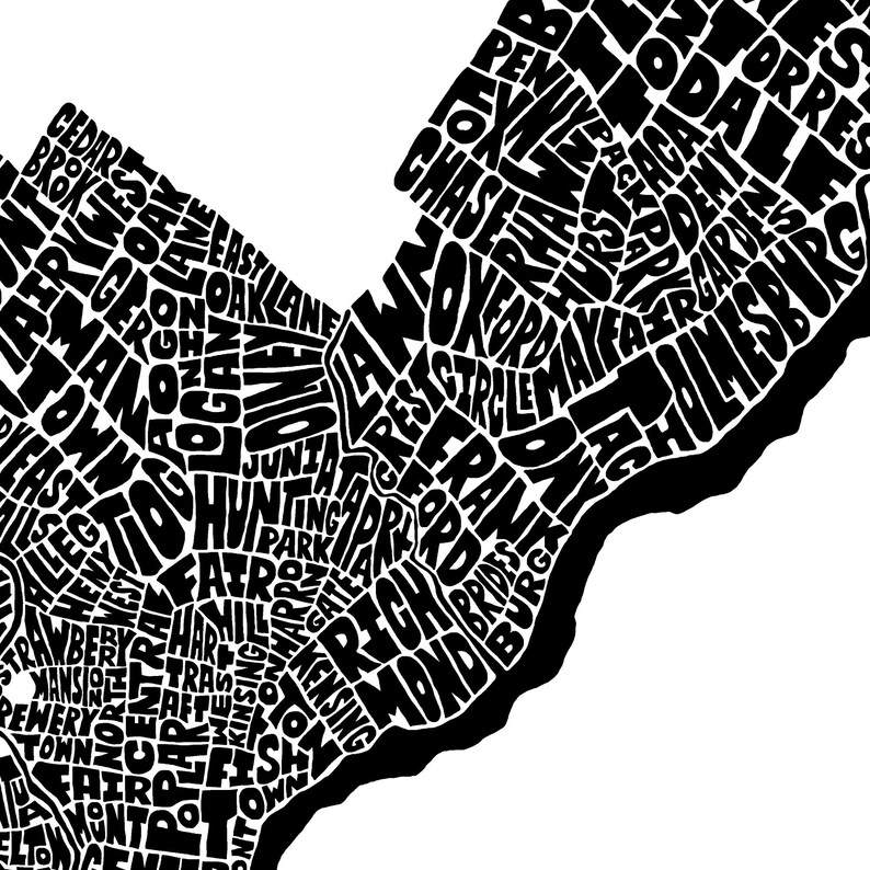 Pu&ograve; includere: Mappa di Philadelphia, Pennsylvania, in arte di parole in bianco e nero. La mappa &egrave; composta dai nomi dei diversi quartieri della citt&agrave;. I quartieri sono disposti in modo da assomigliare alla forma della citt&agrave;.