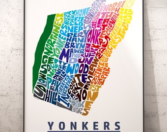 Yonkers neighborhood map print, signed print of my original Yonkers map art typography