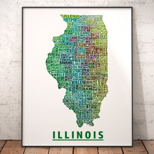 Illinois Map, Illinois Art, Illinois Print, signed print of my original Illinois typography map art Green Tones (pic 5)