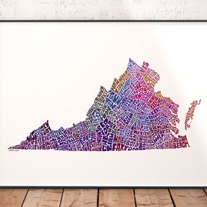 Virginia map art, Virginia decor, Virginia artwork, print of my original Virginia typography style map art Purple Tones