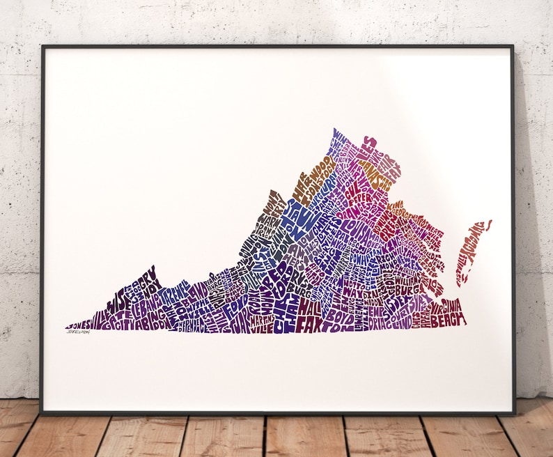 Virginia map art, Virginia decor, Virginia artwork, print of my original Virginia typography style map art Purple Tones