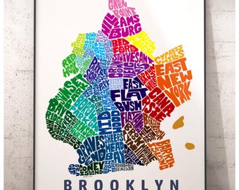 Brooklyn neighborhood map art print, signed print of my original hand drawn Brooklyn typography art, Brooklyn gift