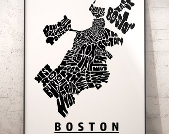 Boston neighborhood map print, signed print of my original Boston typography map art