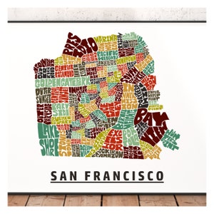San Francisco neighborhood map print, signed print of my original hand drawn San Francisco map art, San Francisco gift