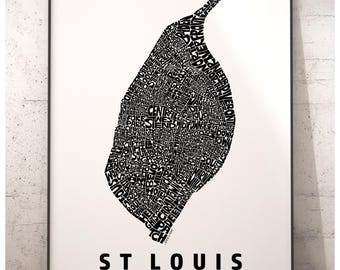 St Louis neighborhood map art print, St Louis gift, signed print of my original hand drawn St Louis typography art, many colors available