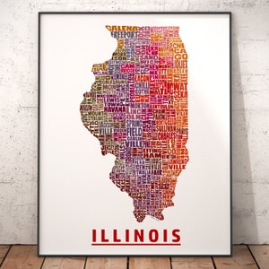 Illinois Map, Illinois Art, Illinois Print, signed print of my original Illinois typography map art Red Tones (pic 6)