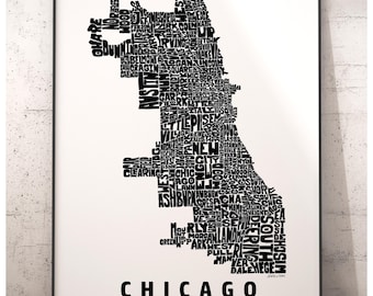 Chicago neighborhood map art print, Chicago gift, signed print of my original hand drawn Chicago typography art, multiple colors available
