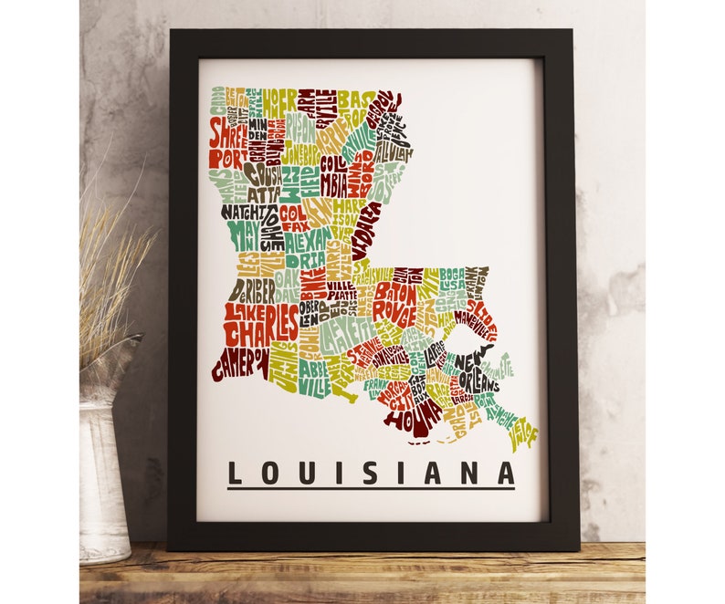 Louisiana map art FRAMED, available in several colors and sizes, Louisiana art print, Louisiana map print, Louisiana decor Earth Tones