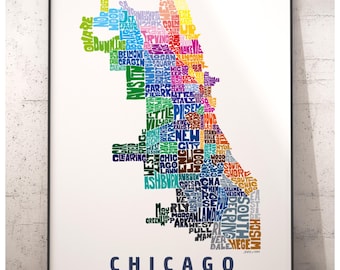 Chicago neighborhood map art print, signed print of my original hand drawn Chicago typography art, Chicago gift