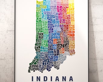 Indiana art print, Indiana map art, signed print of my original hand drawn Indiana map art