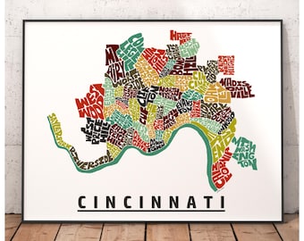Cincinnati neighborhood map print, signed print of my original hand drawn Cincinnati map art, Cincinnati gift