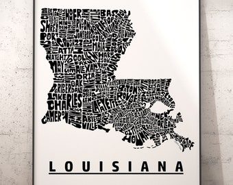 Louisiana Map, Louisiana Art, Louisiana Print, signed print of my original Louisiana typography map art