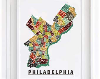 Philadelphia neighborhood map print, Philadelphia map art, Several Colors and Sizes Available, Hand-lettered map of Philadelphia poster