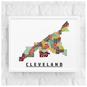 Cleveland neighborhood map print, Cleveland map art print signed, Several Colors and Sizes Available, Hand-lettered map of Cleveland poster