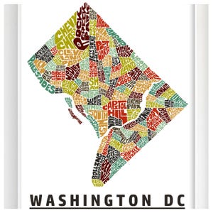 Washington DC neighborhood map print, Washington DC map art print signed, Several Colors and Sizes Available, Hand-lettered map of DC poster