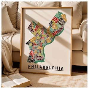 Framed Philadelphia neighborhoods map art print, Many sizes, color schemes & frame options available, Philadelphia art print, Philly gift