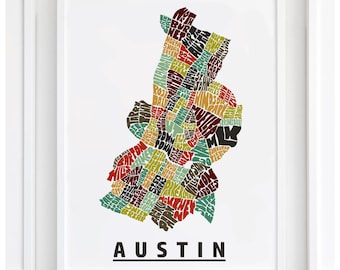 Austin neighborhood map print, Austin map art print signed, Several Colors and Sizes Available, Hand-lettered map of Austin poster