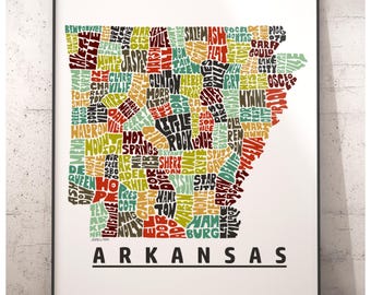 Arkansas map art, Arkansas art print, signed print of my original hand drawn Arkansas typography art, Arkansas gift, Arkansas decor
