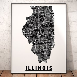 Illinois Map, Illinois Art, Illinois Print, signed print of my original Illinois typography map art Black (pic 1)