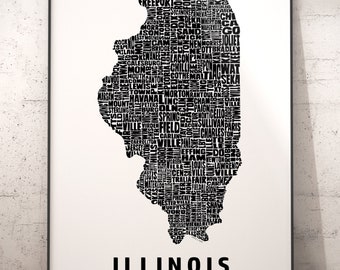 Illinois Map, Illinois Art, Illinois Print, signed print of my original Illinois typography map art