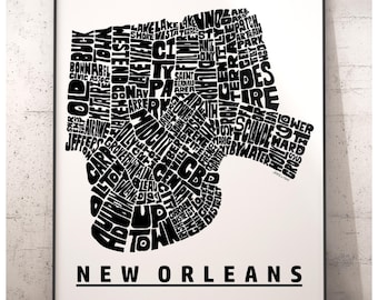 New Orleans neighborhood map art print, New Orleans gift, print of my original hand drawn New Orleans typography art, many colors available