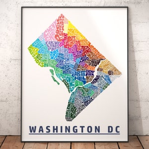 Washington DC neighborhood map print, signed print of my original Washington DC map art typography