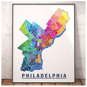 Philadelphia neighborhood map art print, Philadelphia gift, print of my original hand drawn Philadelphia typography art, many colors avail Rainbow
