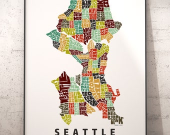 Seattle Neighborhood Map Print, signed print of my original hand drawn Seattle map art