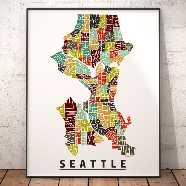 Seattle Neighborhood Map Print, signed print of my original hand drawn Seattle map art